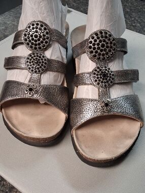 Mephisto Metallic Pewter Three-Strap Sandals with Stud Accents